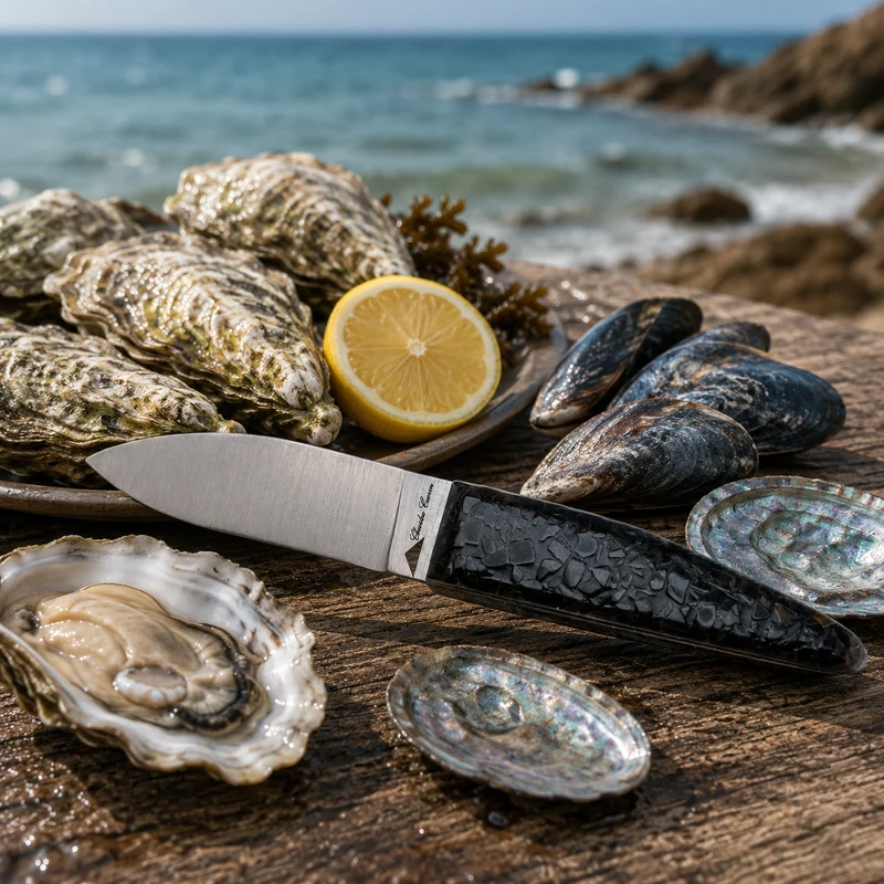 Couteau à huître manche en COQUILLES DE MOULES PERLIERES