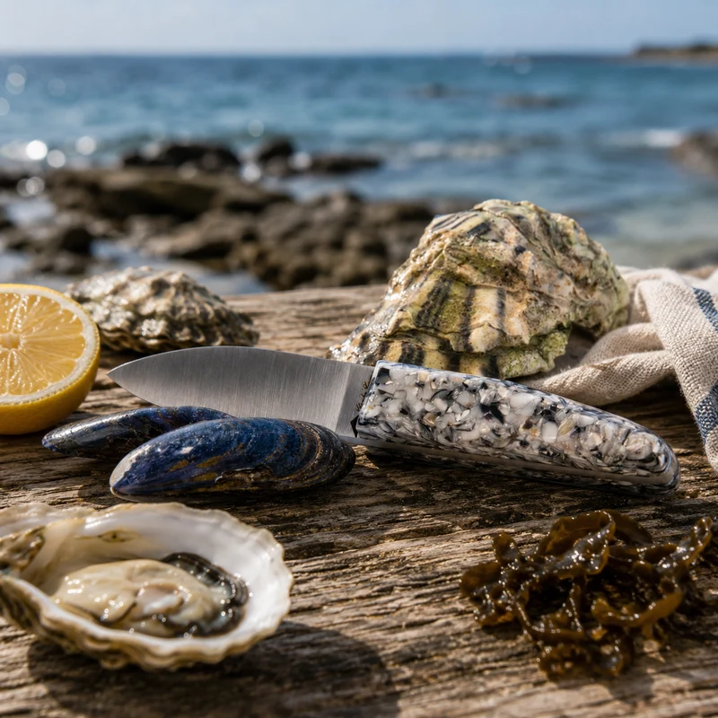 Couteau à huître manche en MELANGE DE COQUILLES D'HUITRES ET DE MOULES