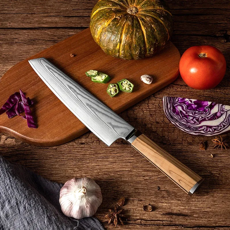 Couteau de Cuisine Damas Manche en Olivier