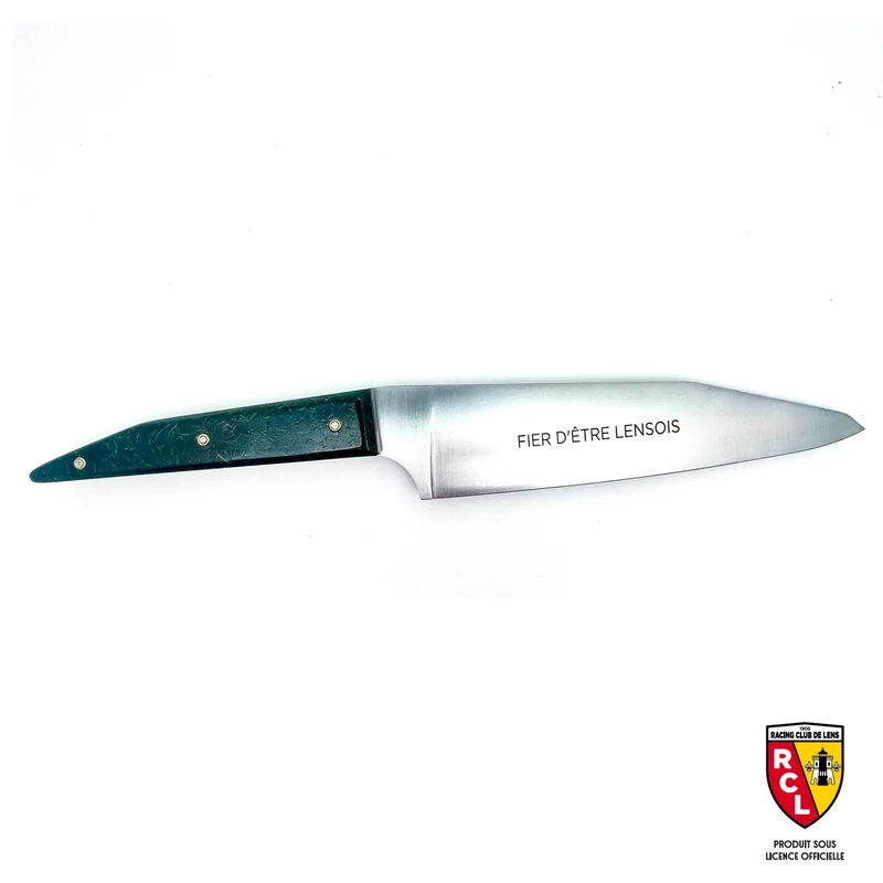 Couteau de cuisine sous licence officielle du RC Lens avec son manche en pelouse du stade Bollaert-Delelis 2024-2025