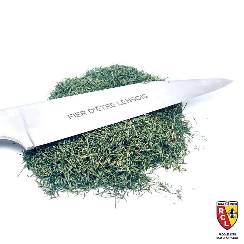 Couteau de cuisine sous licence officielle du RC Lens avec son manche en pelouse du stade Bollaert-Delelis 2024-2025