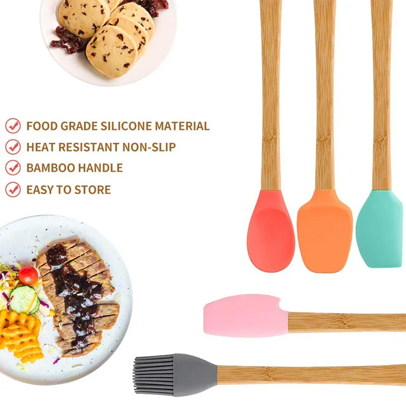 Set Spatules Silicone 5 pièces Résistantes à la Chaleur avec Manche en Bambou
