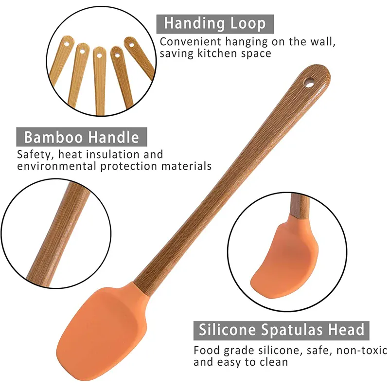 Set Spatules Silicone 5 pièces Résistantes à la Chaleur avec Manche en Bambou