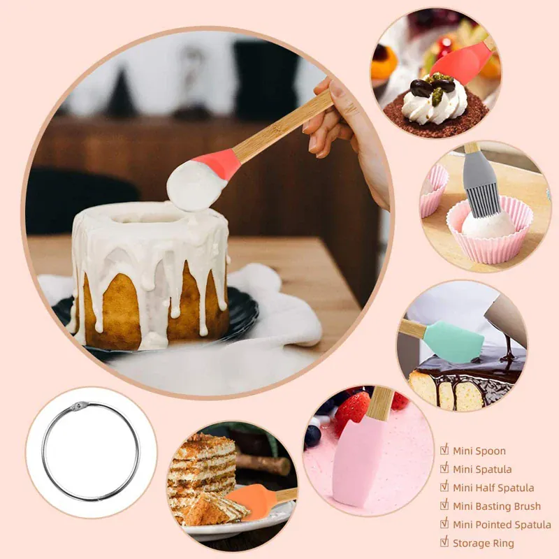 Set Spatules Silicone 5 pièces Résistantes à la Chaleur avec Manche en Bambou