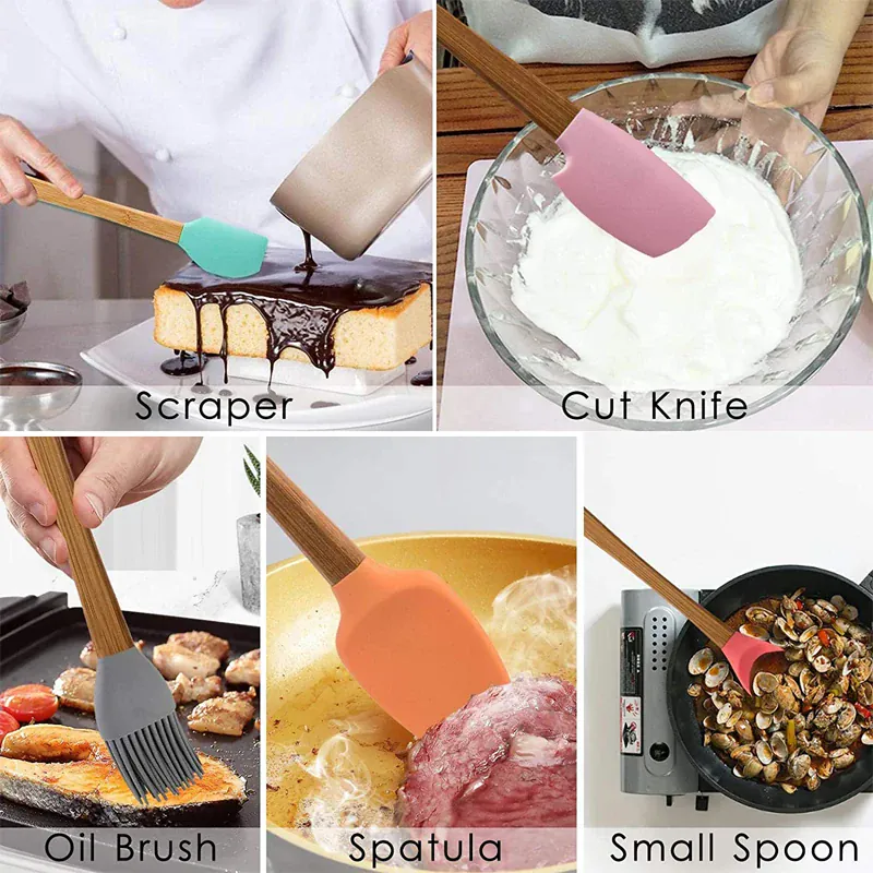 Set Spatules Silicone 5 pièces Résistantes à la Chaleur avec Manche en Bambou