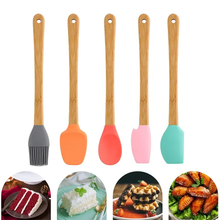 Set Spatules Silicone 5 pièces Résistantes à la Chaleur avec Manche en Bambou