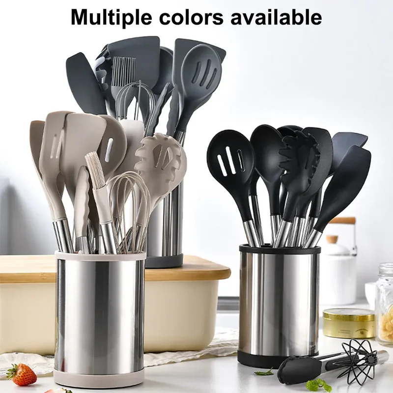 Set d'ustensiles de cuisine en silicone avec poignées en acier inoxydable