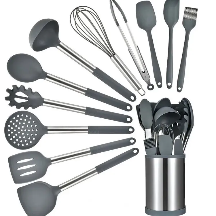 Ensemble de 12 Ustensiles de Cuisine à Base Rotative 360° — Silicone et Acier Inoxydable