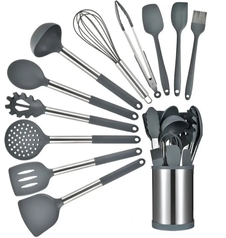 Ensemble de 12 Ustensiles de Cuisine à Base Rotative 360° — Silicone et Acier Inoxydable