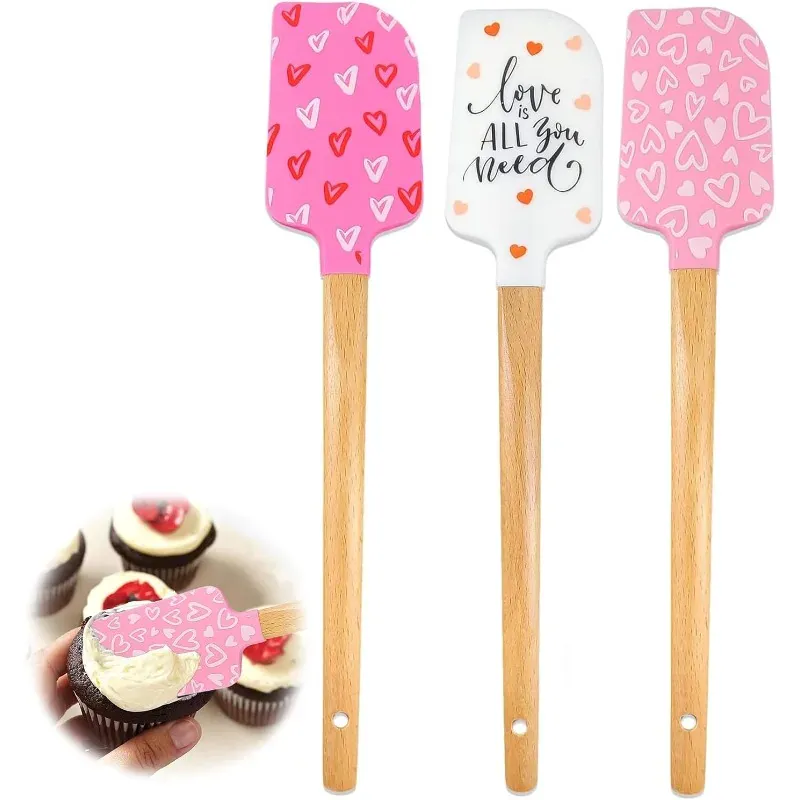 Spatule en Silicone Motifs Cœurs avec Manche en Bois