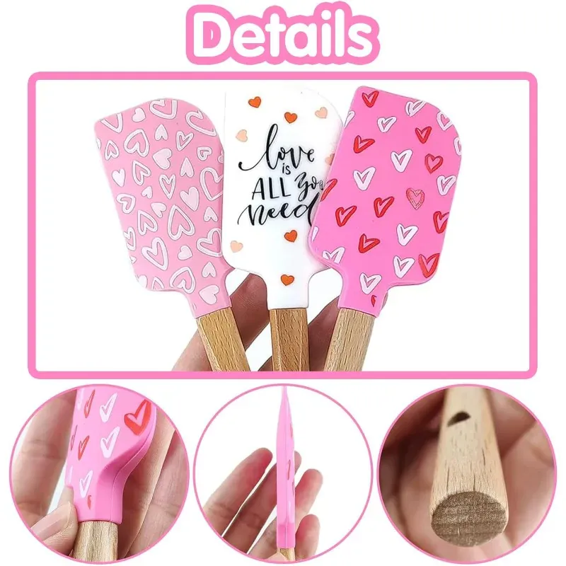 Spatule en Silicone Motifs Cœurs avec Manche en Bois
