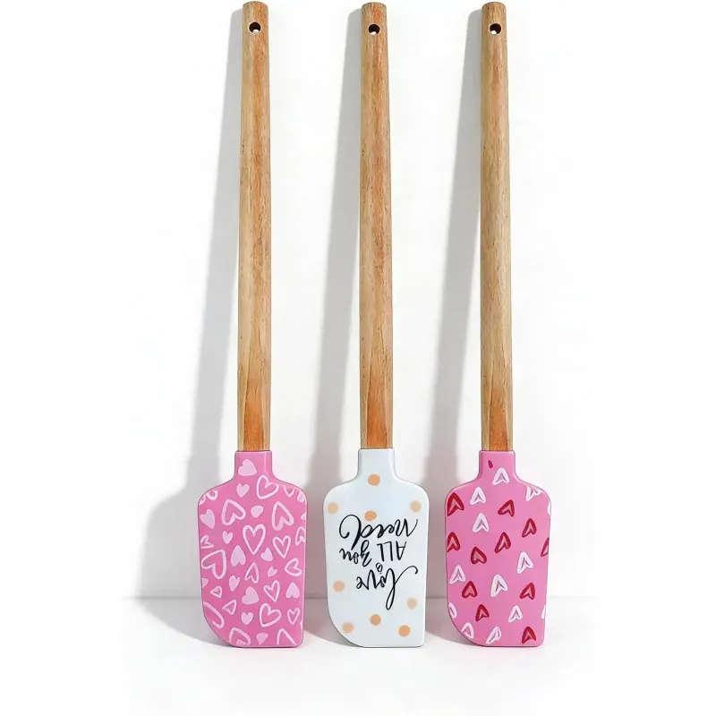 Spatule en Silicone Motifs Cœurs avec Manche en Bois