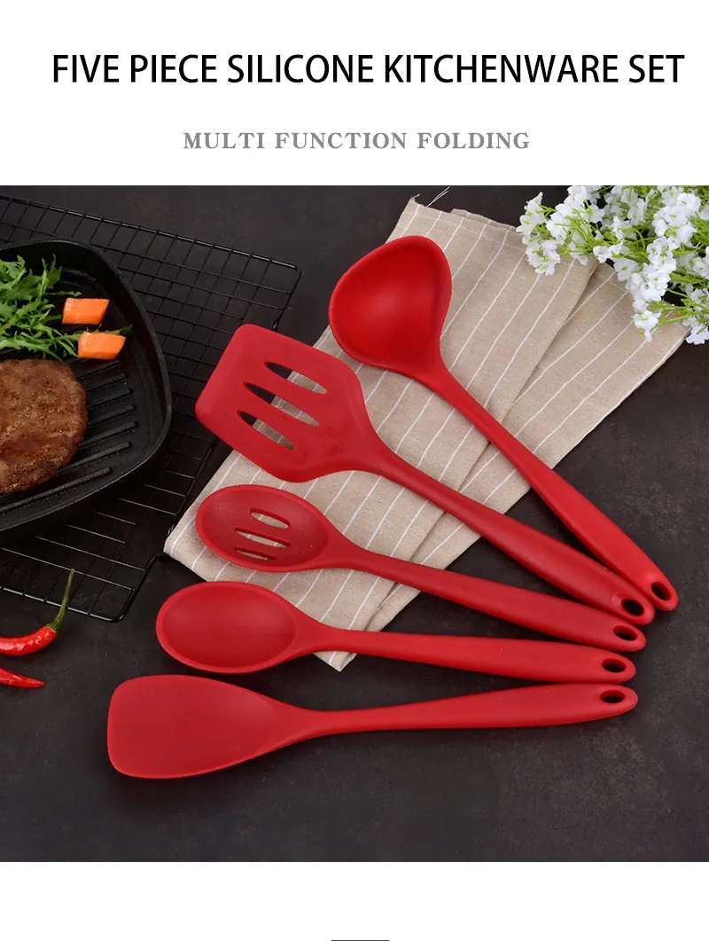 Set Ustensiles Silicone 5 pièces Résistants à la Chaleur Rouge