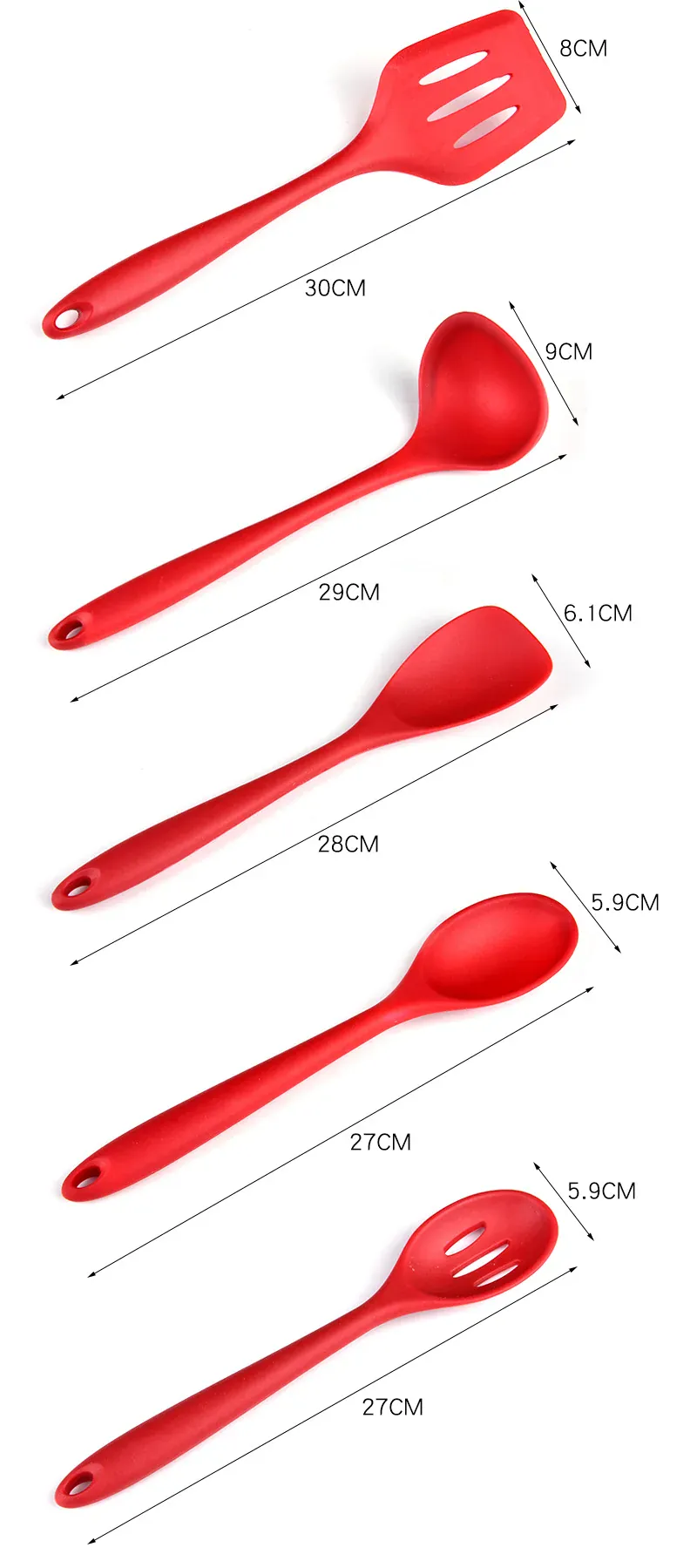 Set Ustensiles Silicone 5 pièces Résistants à la Chaleur Rouge