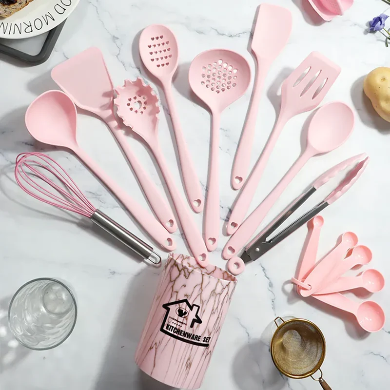 Set de 18 Ustensiles Pratiques en silicone (Rose/Blanc/Noir)