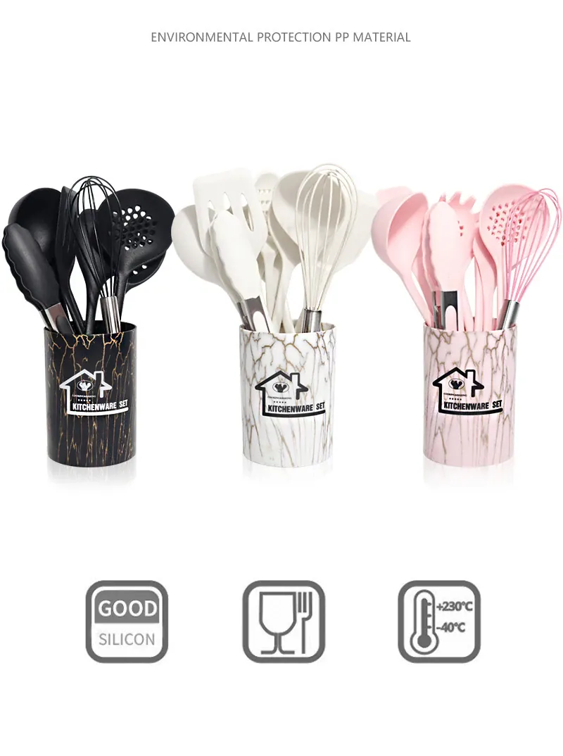 Set de 18 Ustensiles Pratiques en silicone (Rose/Blanc/Noir)