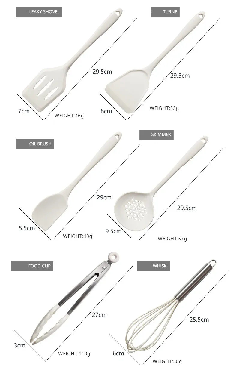 Set de 18 Ustensiles Pratiques en silicone (Rose/Blanc/Noir)