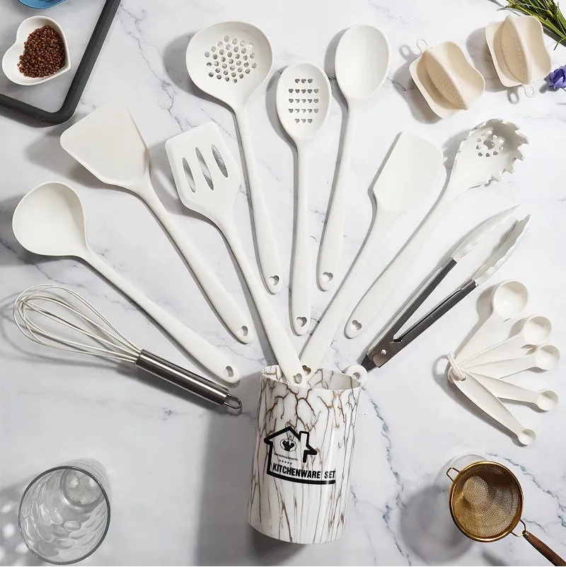 Set de 18 Ustensiles Pratiques en silicone (Rose/Blanc/Noir)