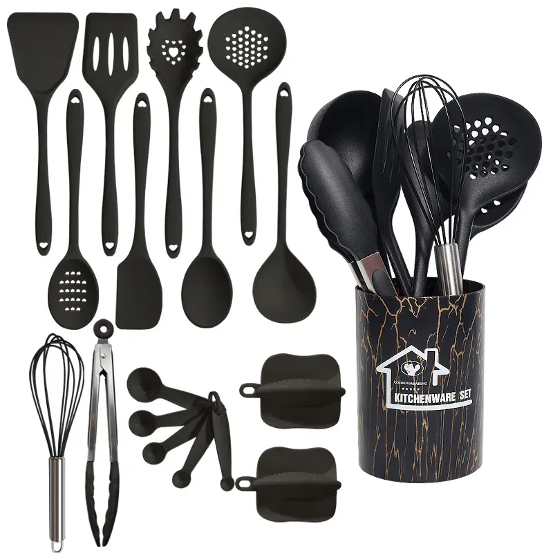 Set de 18 Ustensiles Pratiques en silicone (Rose/Blanc/Noir)