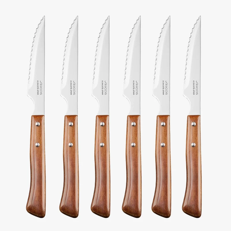 Set 6 Pzas. Cuchillo chuletero madera de haya comprimida filo con sierra 110 mm