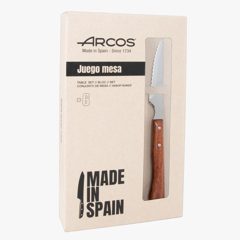 Set 6 Pzas. Cuchillo chuletero madera de haya comprimida filo con sierra 110 mm
