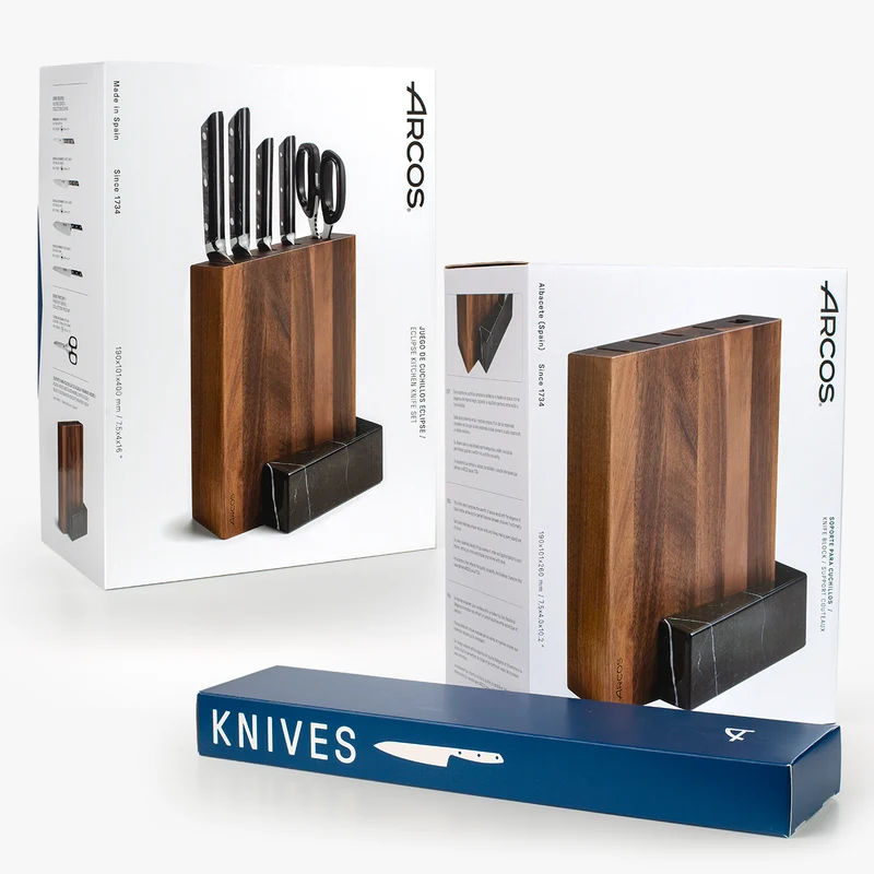Juego cocina 4 pzas. Serie Eclipse + Tijeras + Soporte de Madera de Acacia y Mármol Negro