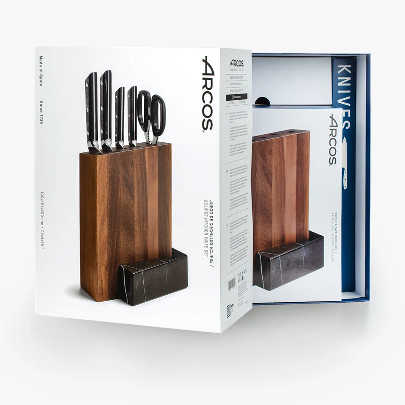 Juego cocina 4 pzas. Serie Eclipse + Tijeras + Soporte de Madera de Acacia y Mármol Negro