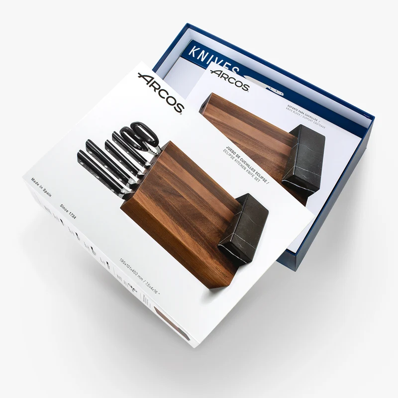 Juego cocina 4 pzas. Serie Eclipse + Tijeras + Soporte de Madera de Acacia y Mármol Negro