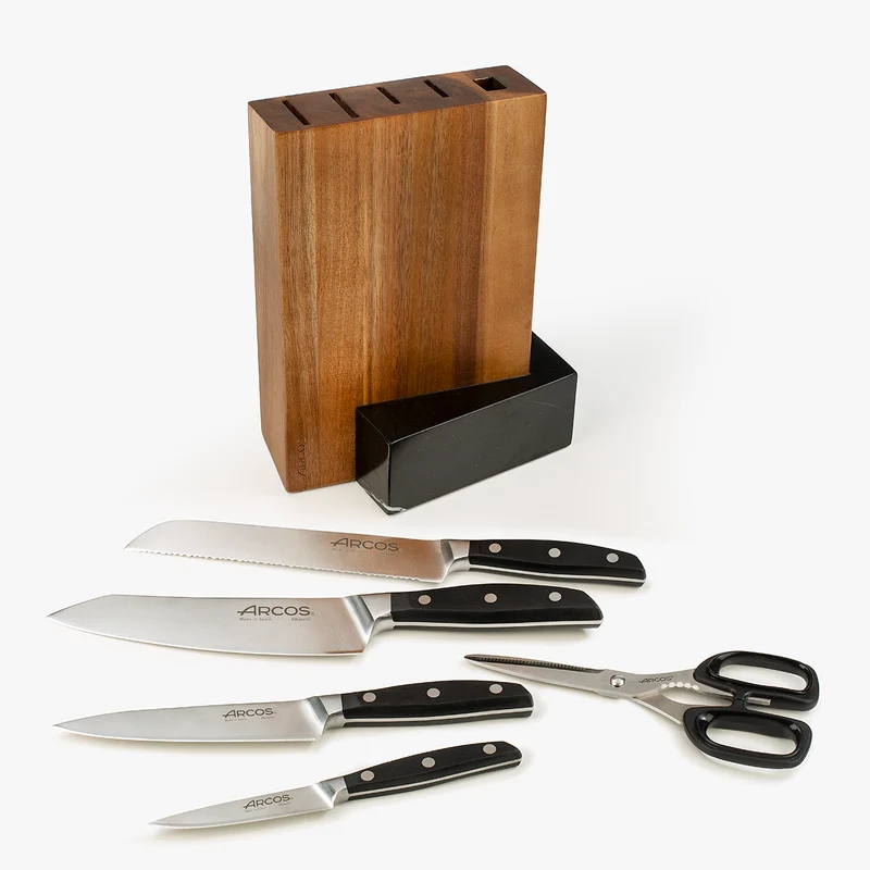 Juego Cocina 4 pzas. Serie Manhattan + Tijeras + Soporte de Madera de Acacia y Mármol Negro