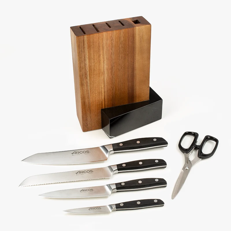 Juego Cocina 4 pzas. Serie Manhattan + Tijeras + Soporte de Madera de Acacia y Mármol Negro