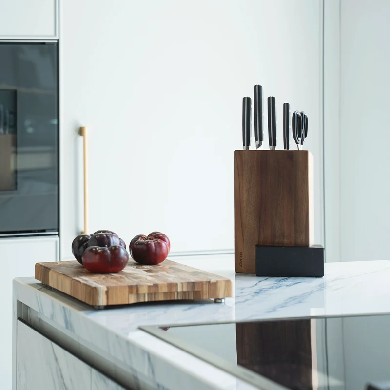 Juego Cocina 4 pzas. Serie Manhattan + Tijeras + Soporte de Madera de Acacia y Mármol Negro