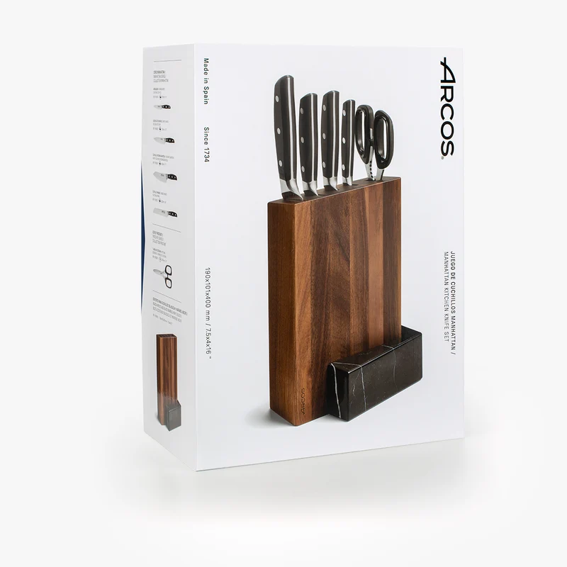Juego Cocina 4 pzas. Serie Manhattan + Tijeras + Soporte de Madera de Acacia y Mármol Negro