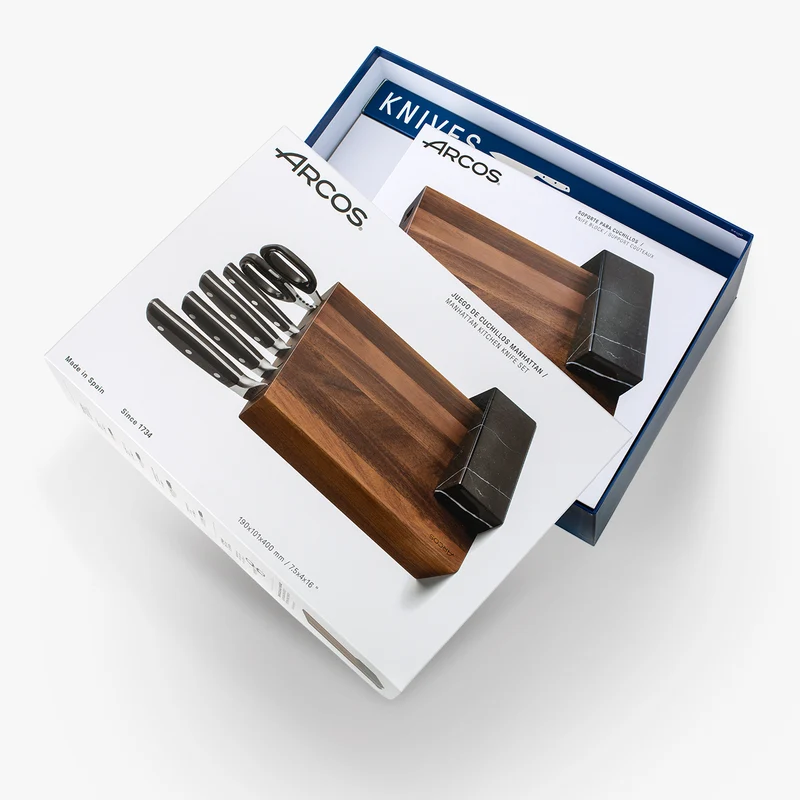 Juego Cocina 4 pzas. Serie Manhattan + Tijeras + Soporte de Madera de Acacia y Mármol Negro