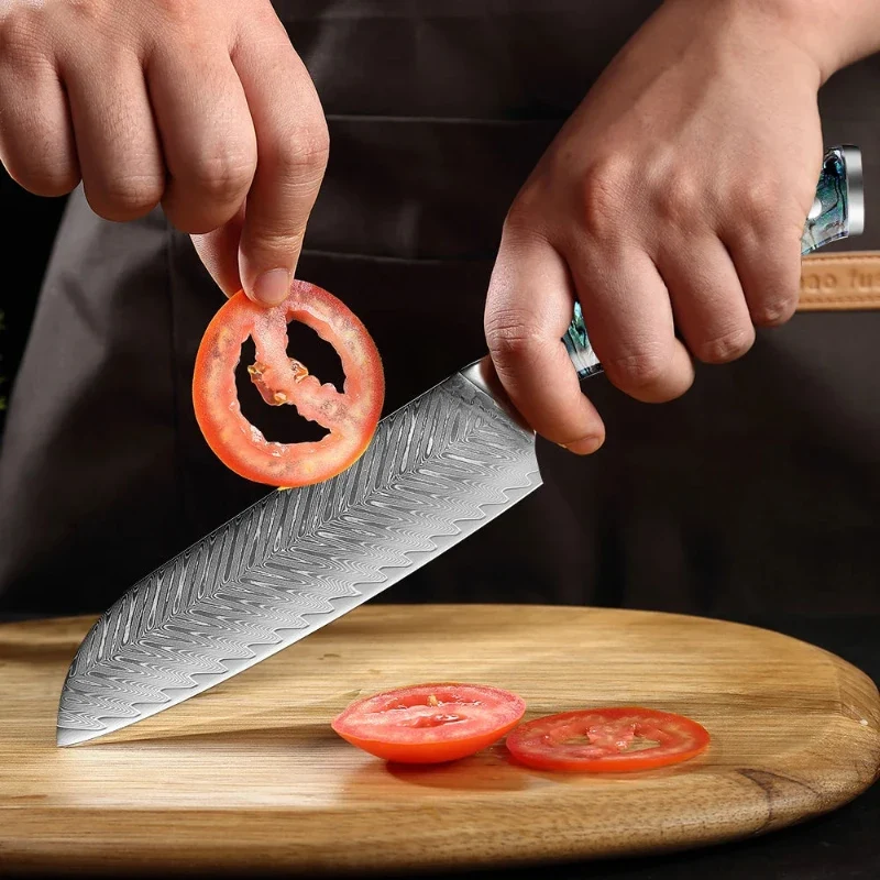 Couteau Santoku Japonais avec Lame en Acier Damas
