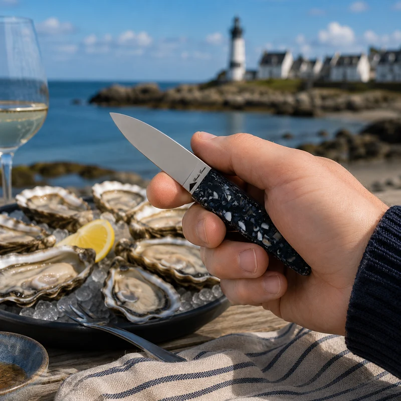 Couteau à huître manche en COQUILLES DE MOULES recyclées