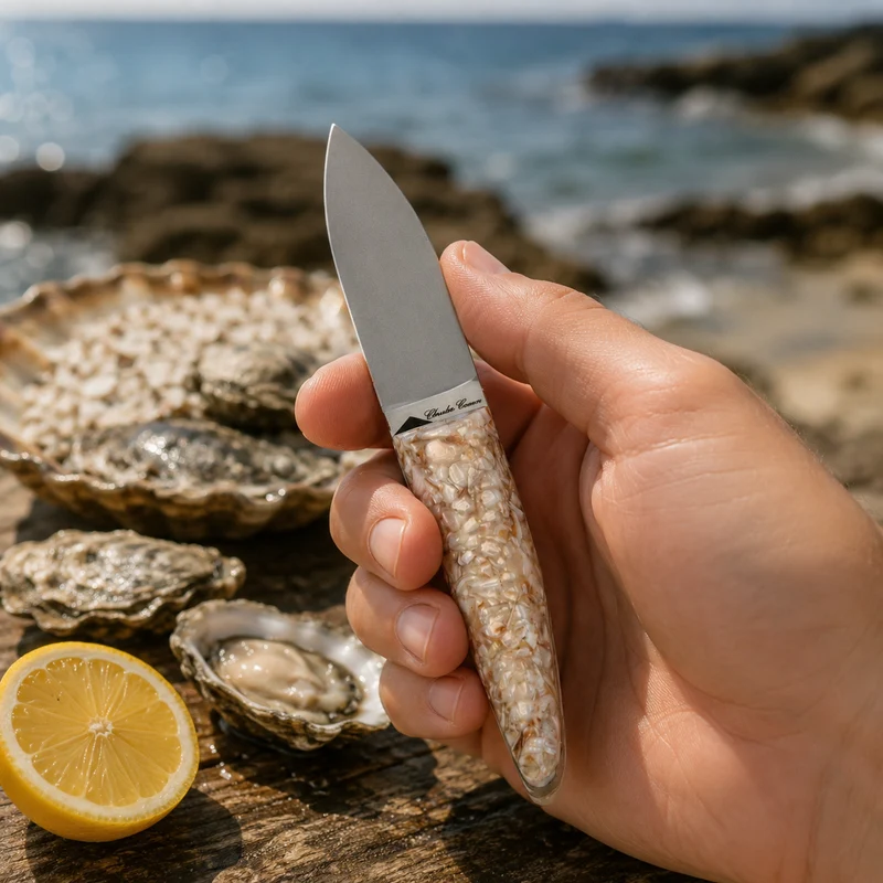 Couteau à huître manche en COQUILLES ST JACQUES recyclées