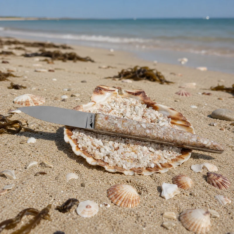 Grand couteau à huître manche en COQUILLES ST JACQUES