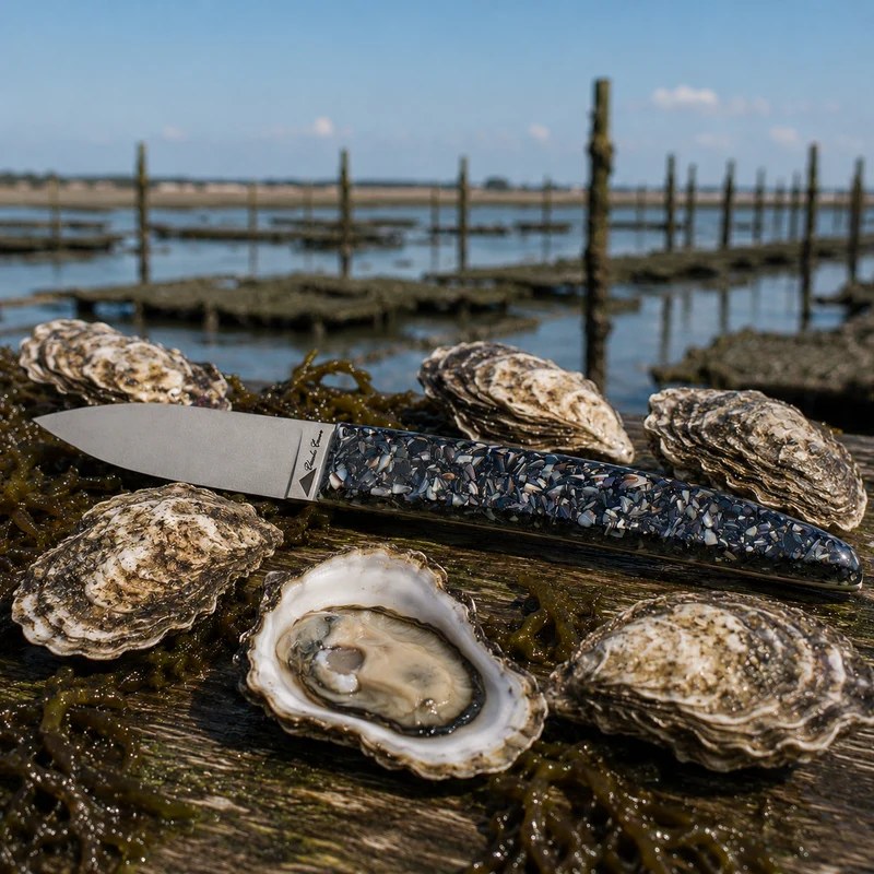 Grand couteau à huître manche en COQUILLES DE MOULES recyclées