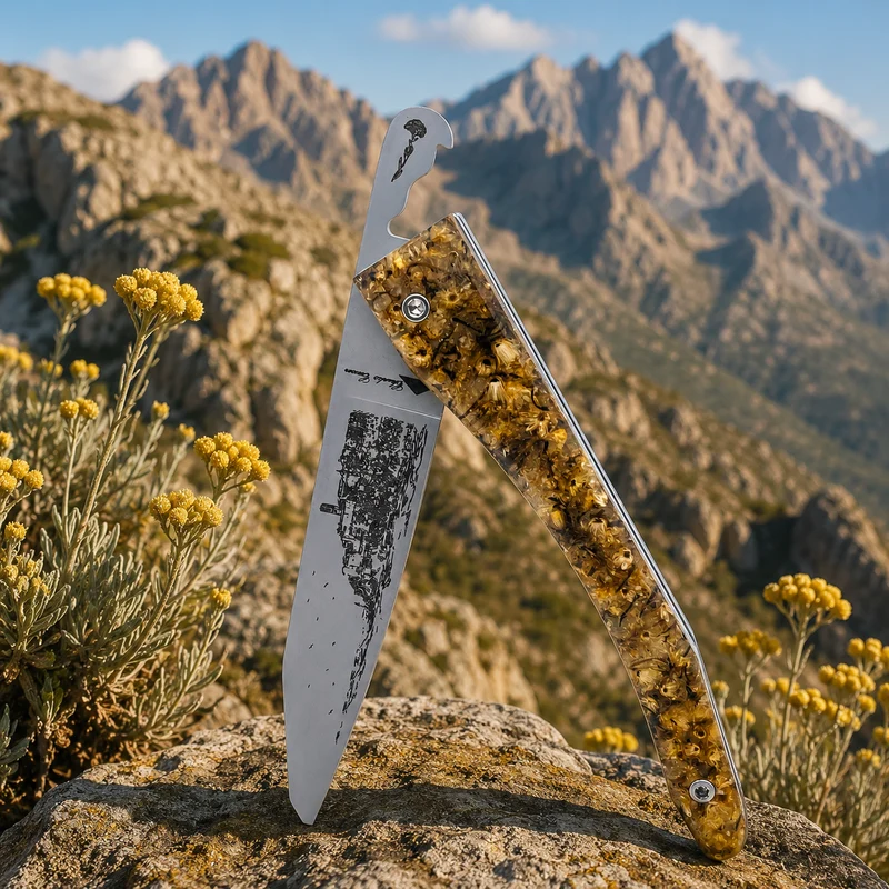 Couteau piémontais manche en fleurs d'immortelles Corse