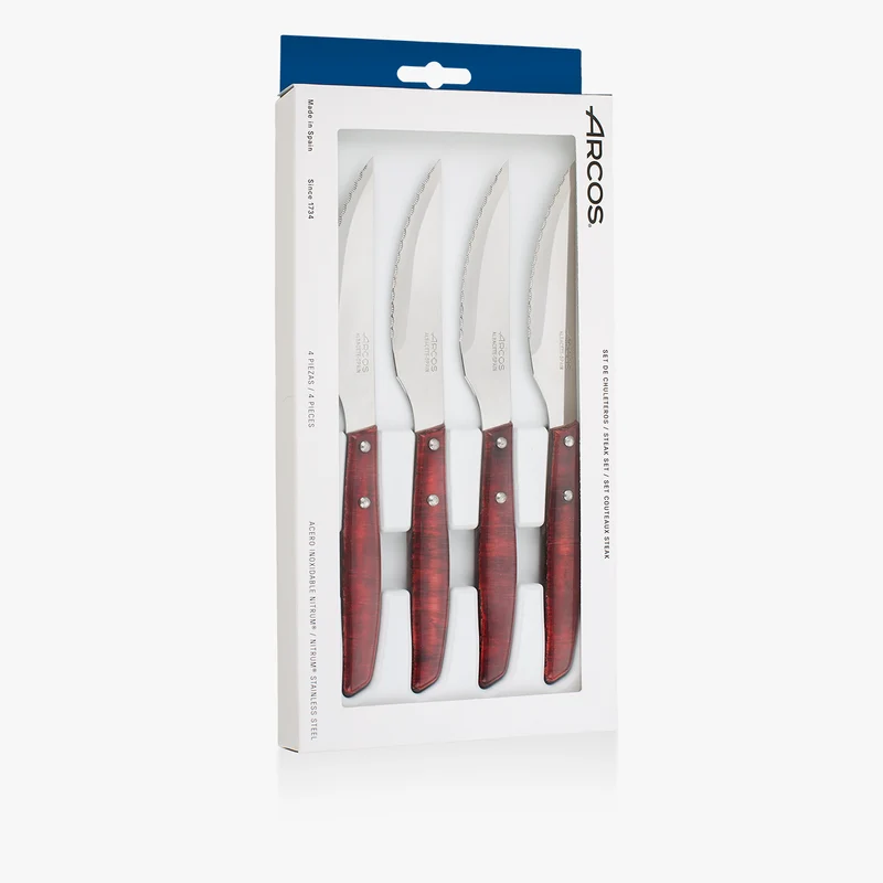 Set 4 Pzas. Cuchillo chuletero Madera de Chopo Comprimida Color Rojo