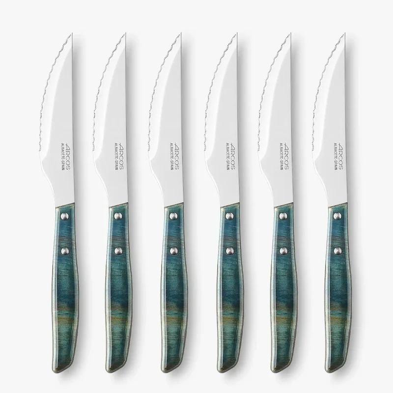 Set 6 pzas. Cuchillo Chuletero Madera de Chopo Comprimida Tinte Azul