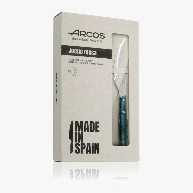 Set 6 pzas. Cuchillo Chuletero Madera de Chopo Comprimida Tinte Azul