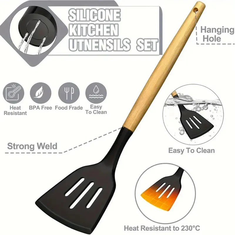 Set Ustensiles Silicone 46 pièces Non-adhésif et résistant à la chaleur