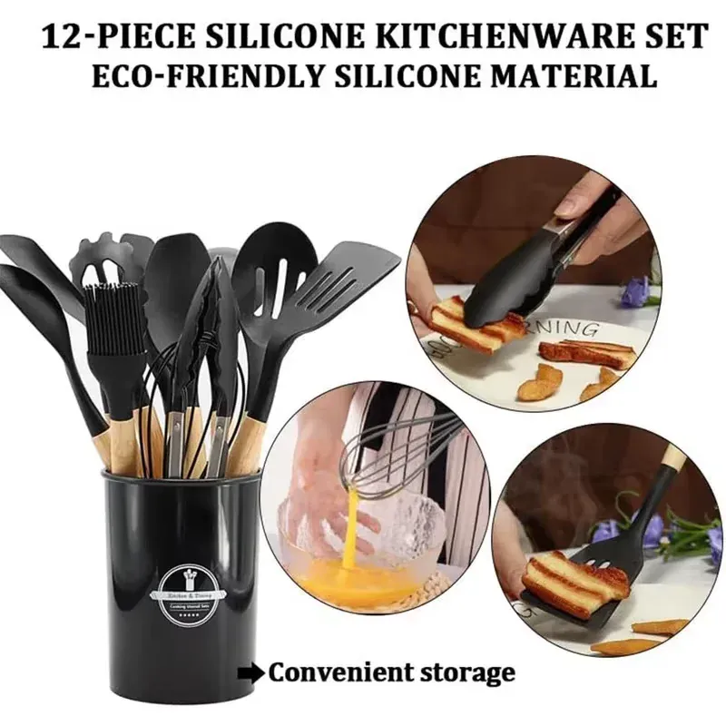 Set Ustensiles Silicone 12 Pièces | Résistant à la Chaleur avec Support