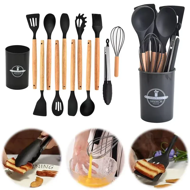 Set Ustensiles Silicone 12 Pièces | Résistant à la Chaleur avec Support