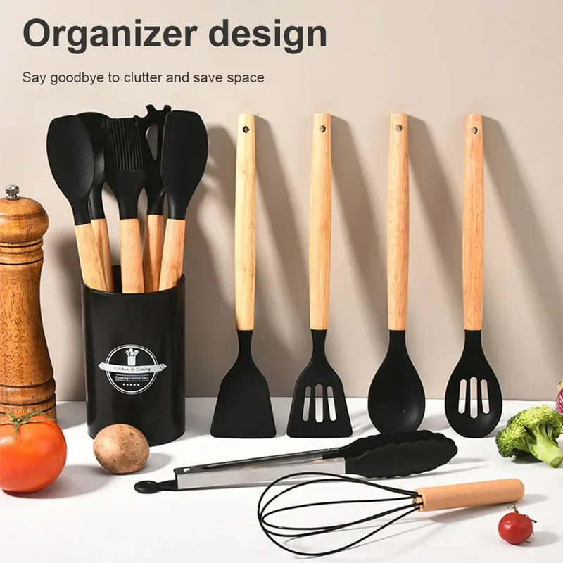 Set Ustensiles Silicone 12 Pièces | Résistant à la Chaleur avec Support