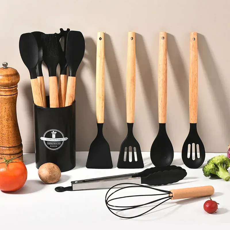 Set Ustensiles Silicone 12 Pièces | Résistant à la Chaleur avec Support