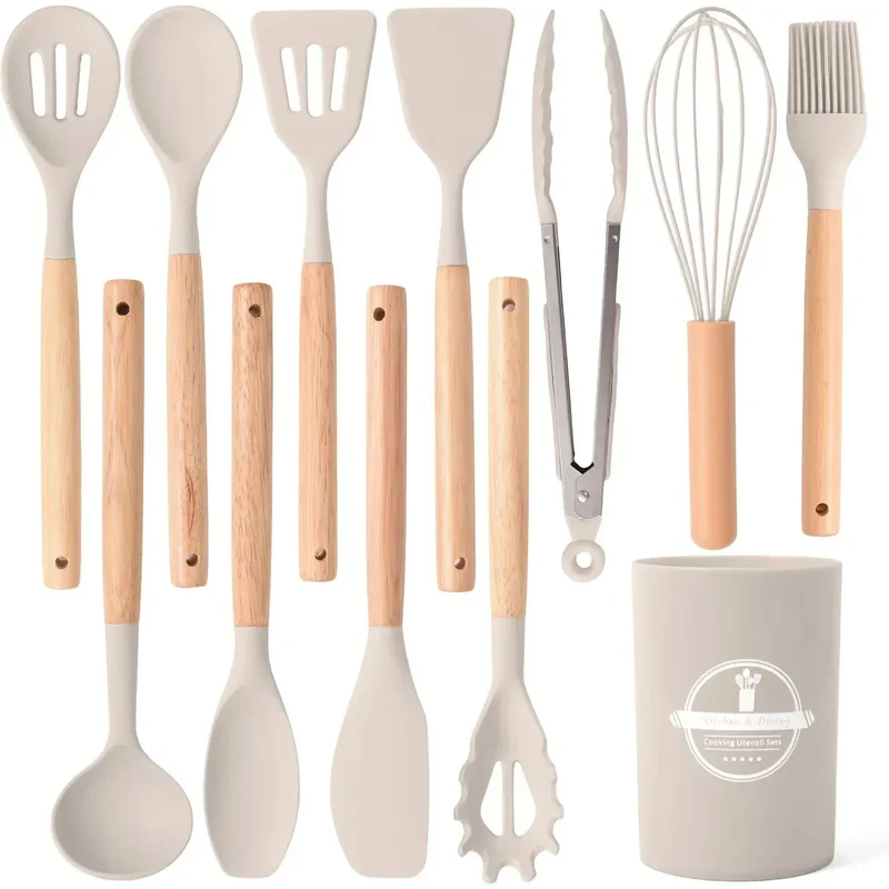 Set Ustensiles Silicone 12 Pièces | Résistant à la Chaleur avec Support