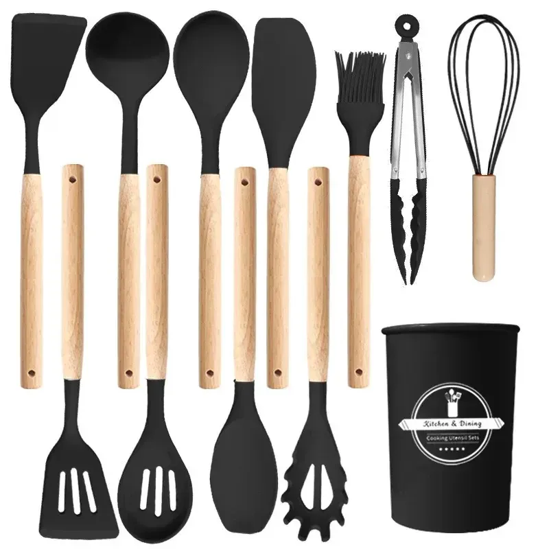 Set Ustensiles Silicone 12 Pièces | Résistant à la Chaleur avec Support