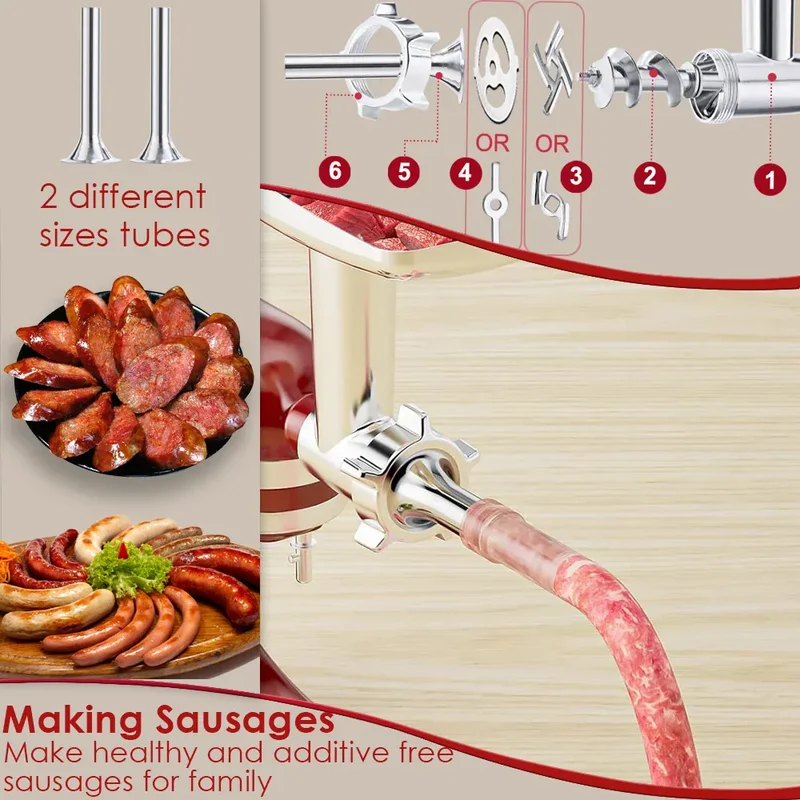 Kit Accessoires Hachoir pour Robot KitchenAid — 17 Pièces, 4 Grilles, 3 Lames + Tubes à Saucisse
